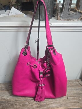 Michael Kors Hot Pink Camden Large Drawstring Leather Shoulder Bag